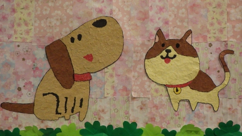 ちぎり貼りで作った犬と猫